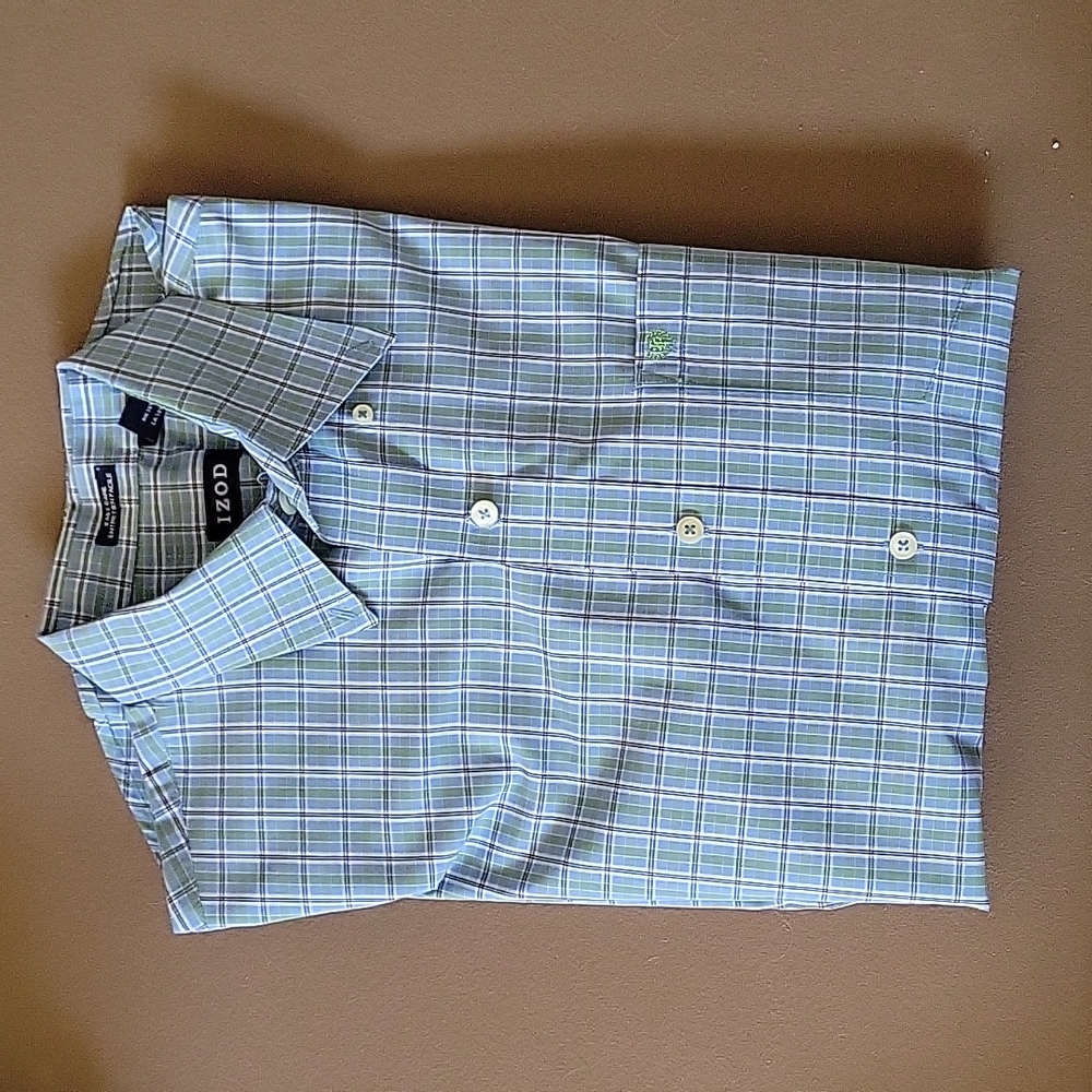 Mens IZOD medium dress shirt! Light blue with green and black stripes!